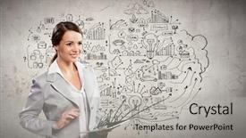  Presentation with ipad - Amazing PPT theme having master plan - attractive businesswoman holding ipad business backdrop and a light gray colored foreground