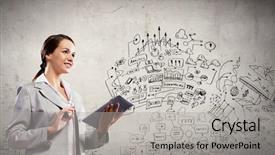  Presentation with tablet - Slides featuring master plan - attractive businesswoman holding tablet business background and a light gray colored foreground