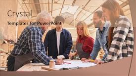  Presentation with team working together - PPT theme having master-teaches-craftsmen-team-working background and a coral colored foreground