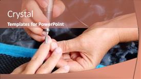  Presentation with manicure - Beautiful PPT theme featuring master uses an electric machine to remove the cuticle during manicure in the salon backdrop and a coral colored foreground