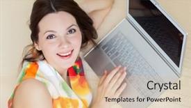  Presentation with laptop - Slides having mastercard - smiling woman with laptop is background and a  colored foreground