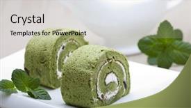  Presentation with tea cake - Amazing slide set having matcha cake rolls backdrop and a light gray colored foreground