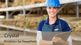  Presentation with industrial - Slide set consisting of material construction - beautiful female industrial worker holding background and a coral colored foreground