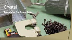  Presentation with set of construction tools tool - Presentation enhanced with material construction - plasterboard tools set with metal background and a gray colored foreground