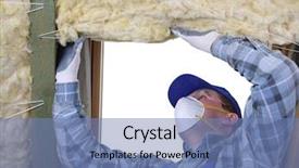  Presentation with worker - Colorful PPT theme enhanced with material construction - worker thermally insulating a house backdrop and a teal colored foreground