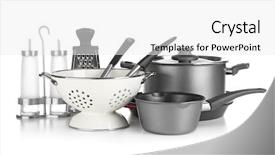  Presentation with cooking equipment - Colorful slide deck enhanced with material handling equipment - different cooking utensils on white backdrop and a white colored foreground