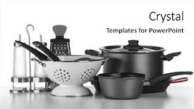  Presentation with cooking utensils - PPT theme featuring material handling equipment - different cooking utensils on white background and a white colored foreground