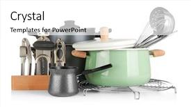  Presentation with cooking utensils - Cool new slide deck with material handling equipment - different cooking utensils on white backdrop and a white colored foreground