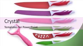  Presentation with knives - Audience pleasing slides consisting of material handling equipment - knives ceramic on a white backdrop and a lavender colored foreground