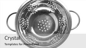  Presentation with metal - Beautiful slide deck featuring material handling equipment - metal colander on white background backdrop and a light gray colored foreground