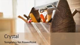  Presentation with equipment - Amazing PPT theme having material handling equipment - wooden toolbox on the table backdrop and a coral colored foreground