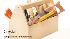  Presentation with wood carving tools - Cool new PPT theme with material handling equipment - wooden toolbox with tools isolated backdrop and a lemonade colored foreground