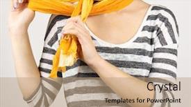  Presentation with woman - Slide set consisting of material method - woman wearing scarf close up background and a coral colored foreground