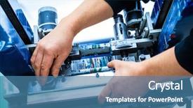  Presentation with industrial machine - Beautiful presentation theme featuring material method - worker preparing print screening metal backdrop and a teal colored foreground