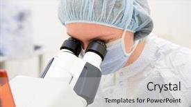  Presentation with material science - Presentation theme featuring material science - woman reseacher looking in moderrn background and a light gray colored foreground