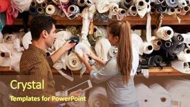  Presentation with roll fabric in store room - Presentation theme featuring material selection - man and woman selecting fabric background and a tawny brown colored foreground