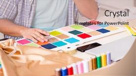  Presentation with radio workshop - Amazing presentation having material selection - young handsome tailor working backdrop and a  colored foreground