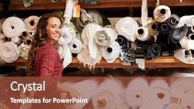  Presentation with knit fabrics - Colorful presentation enhanced with material selection - young white woman selecting fabrics backdrop and a tawny brown colored foreground