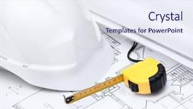  Presentation with tape measure - Presentation theme having material engineering - white hard hat and tape background and a sky blue colored foreground