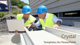  Presentation with construction management - Presentation theme enhanced with construction workers checking building material background and a cream colored foreground