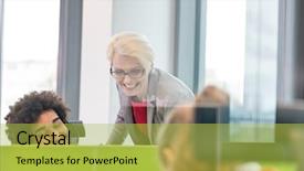  Presentation with female - Audience pleasing slides consisting of material management - smiling female manager assisting operator backdrop and a  colored foreground