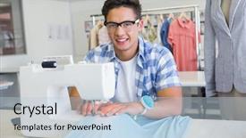  Presentation with sewing machine - Slides featuring materiel - fashion student using sewing machine background and a light blue colored foreground