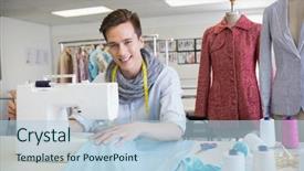  Presentation with sewing machine safety - Slide deck enhanced with materiel - smiling student using sewing machine background and a light blue colored foreground