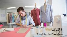  Presentation with fabric - Presentation theme enhanced with materiel - student cutting fabric with pair background and a soft green colored foreground