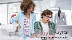  Presentation with college students and laptop - Presentation theme enhanced with materiel - students working with laptop together background and a light gray colored foreground