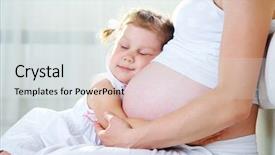  Presentation with pregnant mother - Slides with momy sleep - little cute girl embracing her background and a light gray colored foreground