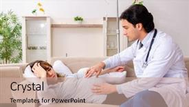  Presentation with doctor visiting family - Beautiful theme featuring maternal emergency - young handsome doctor visiting pregnant backdrop and a  colored foreground