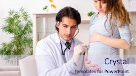  Presentation with doctor visiting family - Slide set featuring maternal emergency - young handsome doctor visiting pregnant background and a  colored foreground