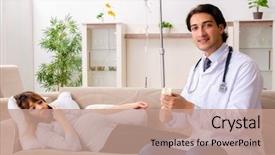  Presentation with doctor visiting family - Colorful PPT layouts enhanced with maternal emergency - young handsome doctor visiting pregnant backdrop and a coral colored foreground