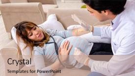  Presentation with emergency - Presentation theme consisting of maternal emergency - young handsome doctor visiting pregnant background and a coral colored foreground