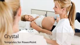  Presentation with pregnant woman - Slide set with maternity hospital - pregnant woman getting ultrasound examination background and a coral colored foreground