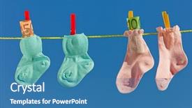  Presentation with socks - Audience pleasing PPT theme consisting of baby socks on clothesline with bills blue sky backdrop and a teal colored foreground