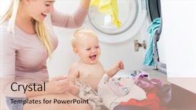  Presentation with baby clothes - Audience pleasing PPT theme consisting of casual leave - mother and baby loading clothes backdrop and a lemonade colored foreground