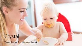  Presentation with leave - Slide deck enhanced with casual leave - mother feeding baby with spoon background and a  colored foreground