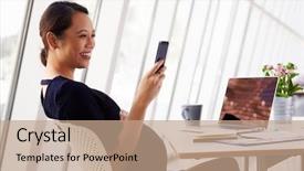  Presentation with text message - Presentation design consisting of pregnant businesswoman reading text message background and a coral colored foreground