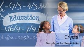  Presentation with teacher and students - Slides with math - smiling teacher with students background and a  colored foreground