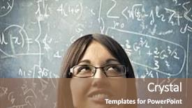  Presentation with blackboard - Slide deck enhanced with math - smiling young woman with thoughtful background and a tawny brown colored foreground