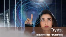  Presentation with hacker - Colorful presentation theme enhanced with math circles - woman hacker touching digital screens backdrop and a tawny brown colored foreground