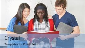  Presentation with study - Presentation design featuring math cooperative - three teenage students study together background and a  colored foreground