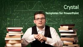  Presentation with school desk - Slide deck featuring math curves - young passionate male teacher sitting background and a  colored foreground