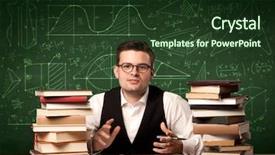  Presentation with school desk - Slides featuring math curves - young passionate male teacher sitting background and a  colored foreground