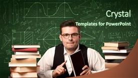  Presentation with school desk - Slide set enhanced with math curves - young passionate male teacher sitting background and a  colored foreground