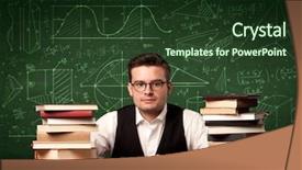 Presentation with school desk - Amazing PPT layouts having math curves - young passionate male teacher sitting backdrop and a  colored foreground