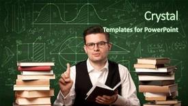  Presentation with school desk - Beautiful slide deck featuring math curves - young passionate male teacher sitting backdrop and a  colored foreground