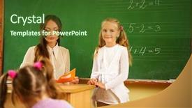  Presentation with blackboard in an abandoned school - Colorful slide deck enhanced with math education - little schoolgirl answering near blackboard backdrop and a  colored foreground
