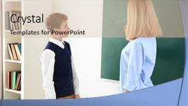  Presentation with math teacher - Cool new PPT theme with math secondary - female teacher and schoolboy backdrop and a  colored foreground